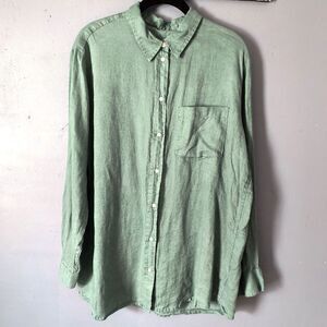Gap Shirt Womens XL Green Linen Button Up Boyfriend Long Sleeve Pocket Coastal